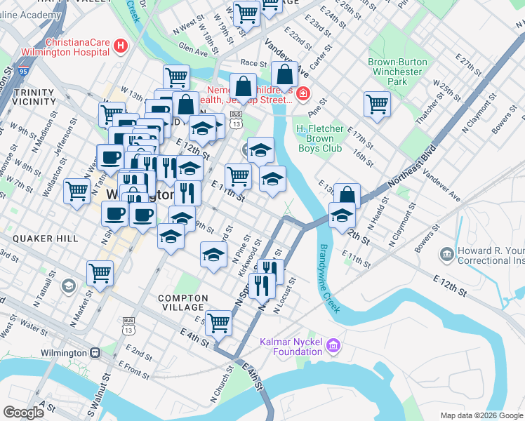 map of restaurants, bars, coffee shops, grocery stores, and more near 518 East 11th Street in Wilmington