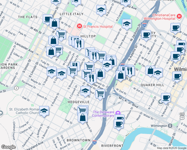 map of restaurants, bars, coffee shops, grocery stores, and more near 217 North Harrison Street in Wilmington