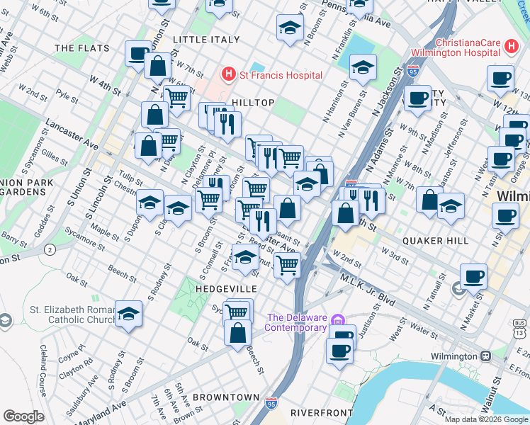 map of restaurants, bars, coffee shops, grocery stores, and more near 217 North Harrison Street in Wilmington