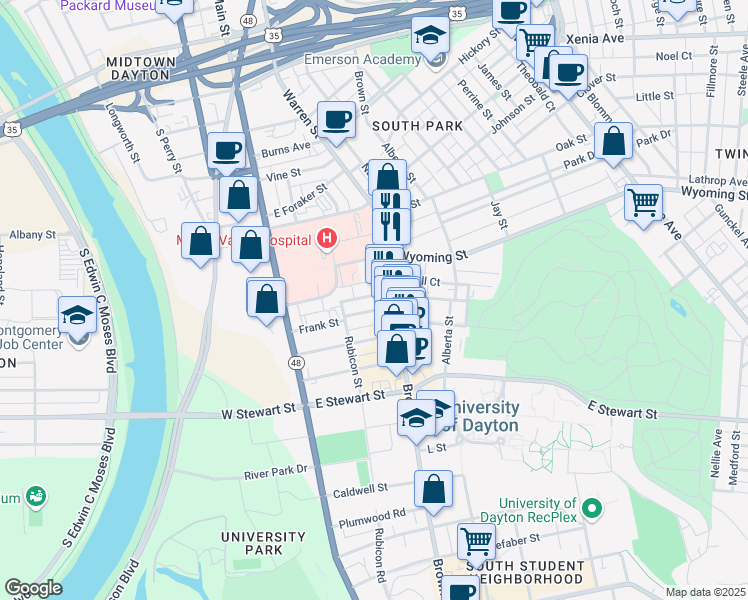 map of restaurants, bars, coffee shops, grocery stores, and more near 1047 Brown Street in Dayton