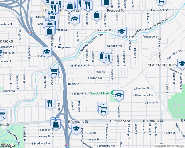 map of restaurants, bars, coffee shops, grocery stores, and more near 1737 Spruce Street in Indianapolis