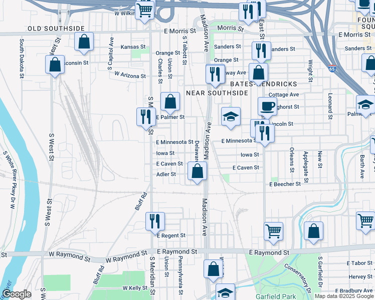 map of restaurants, bars, coffee shops, grocery stores, and more near 1718 Delaware Street in Indianapolis