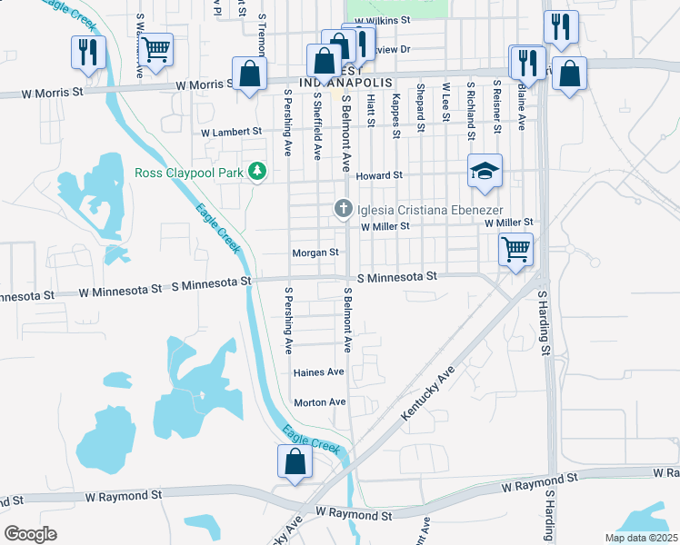map of restaurants, bars, coffee shops, grocery stores, and more near 2116 West Minnesota Street in Indianapolis