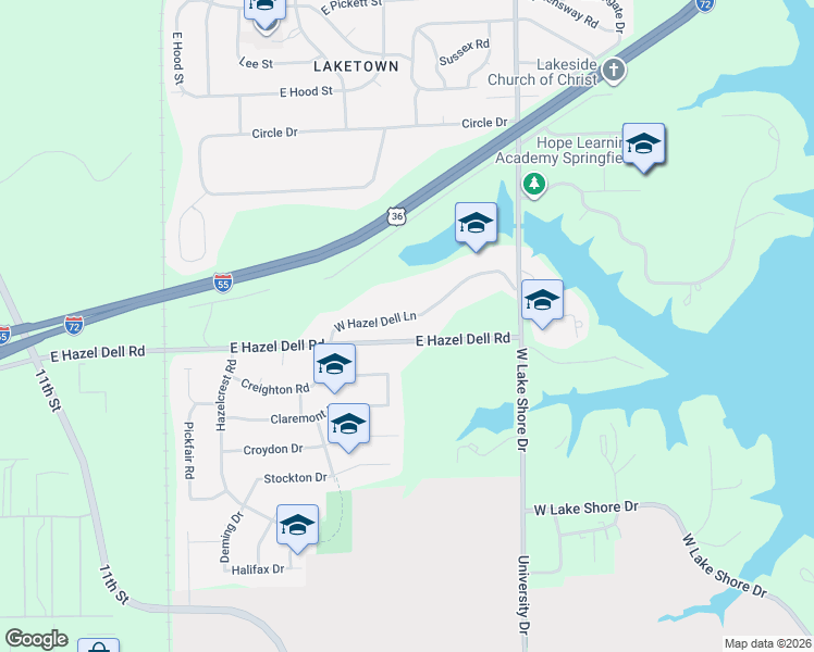map of restaurants, bars, coffee shops, grocery stores, and more near 46 West Hazel Dell Lane in Springfield