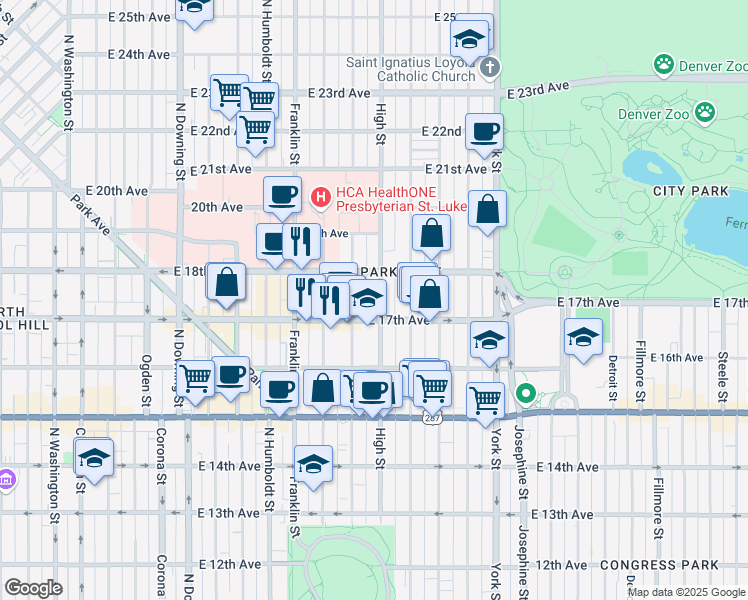 map of restaurants, bars, coffee shops, grocery stores, and more near 1740 North Williams Street in Denver