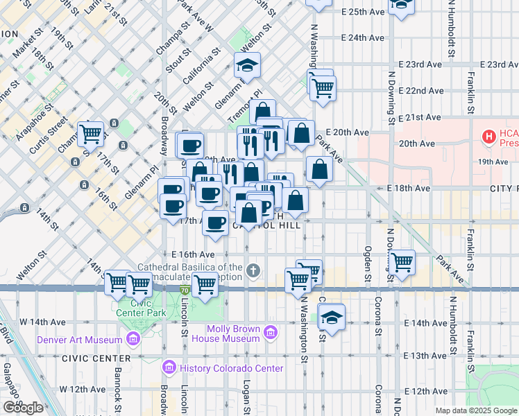 map of restaurants, bars, coffee shops, grocery stores, and more near 1729 Pennsylvania Street in Denver