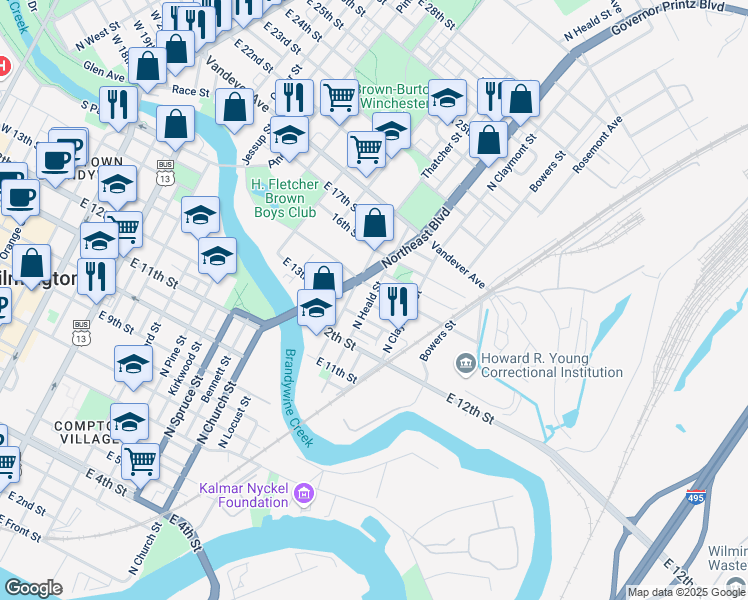 map of restaurants, bars, coffee shops, grocery stores, and more near 1101 Davis Street in Wilmington