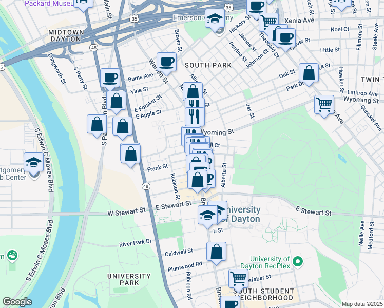 map of restaurants, bars, coffee shops, grocery stores, and more near 1047 Brown Street in Dayton