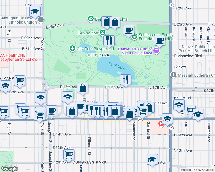 map of restaurants, bars, coffee shops, grocery stores, and more near 1741 Steele Street in Denver