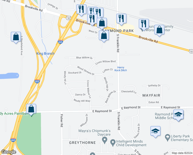 map of restaurants, bars, coffee shops, grocery stores, and more near 1911 Alvee Court in Indianapolis