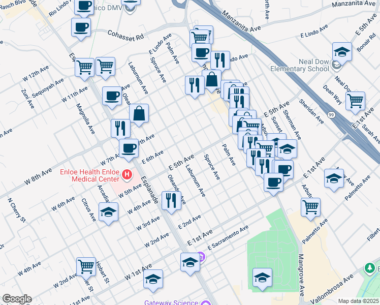 map of restaurants, bars, coffee shops, grocery stores, and more near 370 East 5th Avenue in Chico
