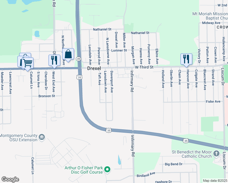 map of restaurants, bars, coffee shops, grocery stores, and more near 112 Davenport Avenue in Dayton