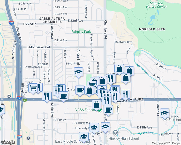 map of restaurants, bars, coffee shops, grocery stores, and more near 1714 Fraser Street in Aurora
