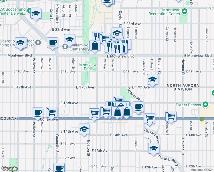 map of restaurants, bars, coffee shops, grocery stores, and more near 1700 Clinton Street in Aurora