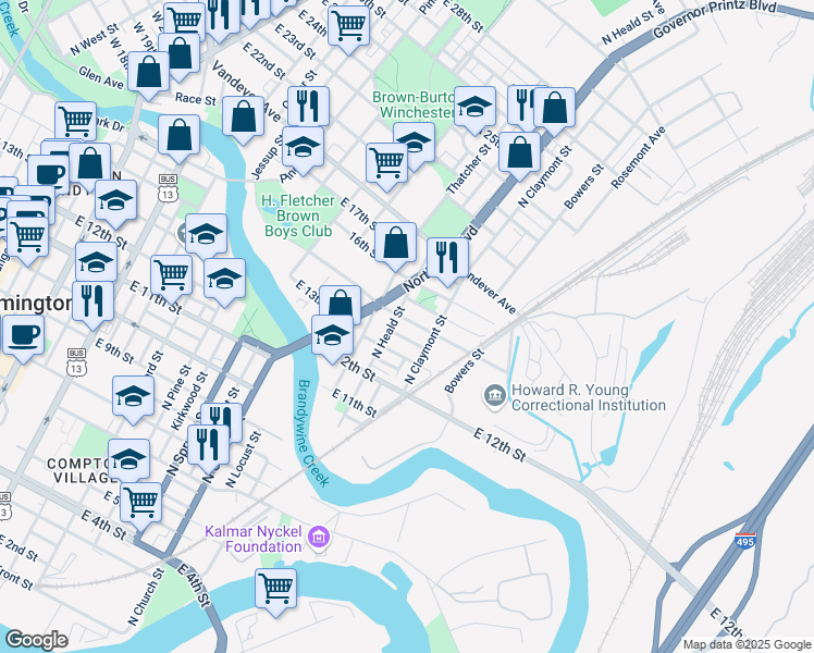 map of restaurants, bars, coffee shops, grocery stores, and more near 1112 East 14th Street in Wilmington