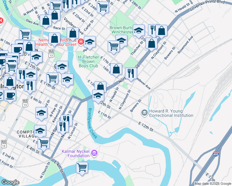 map of restaurants, bars, coffee shops, grocery stores, and more near 1101 Davis Street in Wilmington