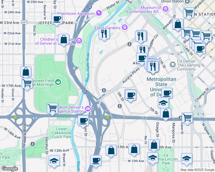 map of restaurants, bars, coffee shops, grocery stores, and more near 1450 5th Street in Denver
