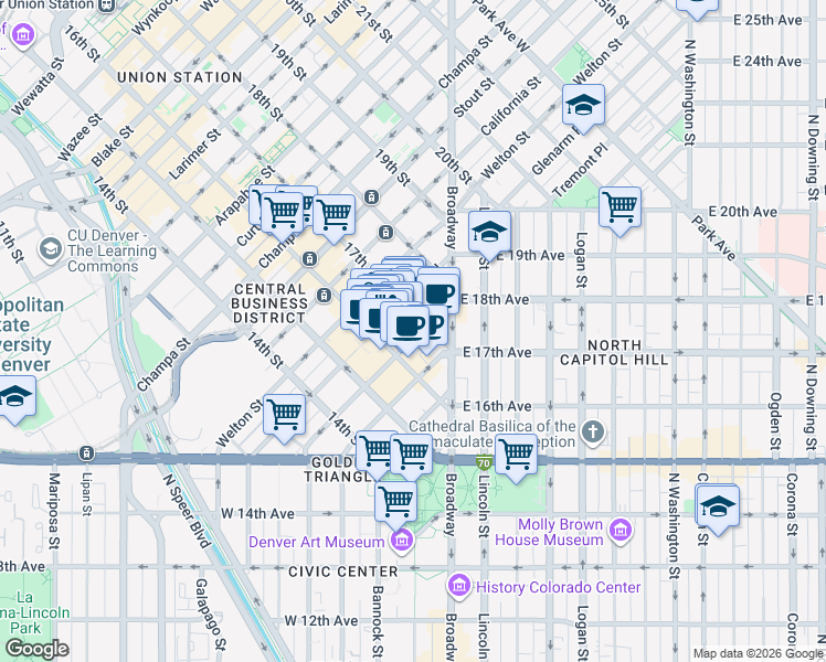 map of restaurants, bars, coffee shops, grocery stores, and more near 1600 Glenarm Place in Denver