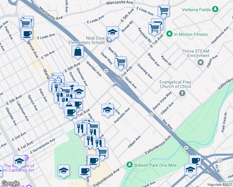 map of restaurants, bars, coffee shops, grocery stores, and more near 1019 Sheridan Avenue in Chico