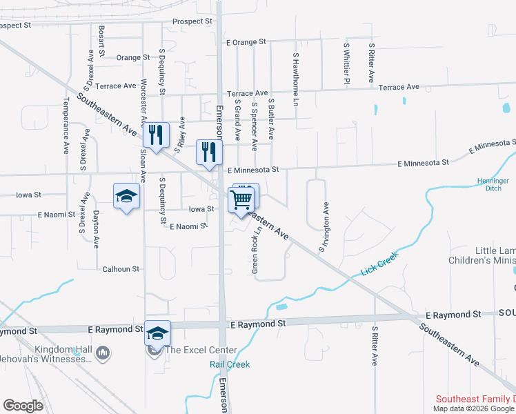 map of restaurants, bars, coffee shops, grocery stores, and more near 5234 Southeastern Avenue in Indianapolis
