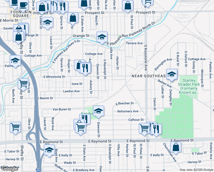 map of restaurants, bars, coffee shops, grocery stores, and more near 1739 South Randolph Street in Indianapolis
