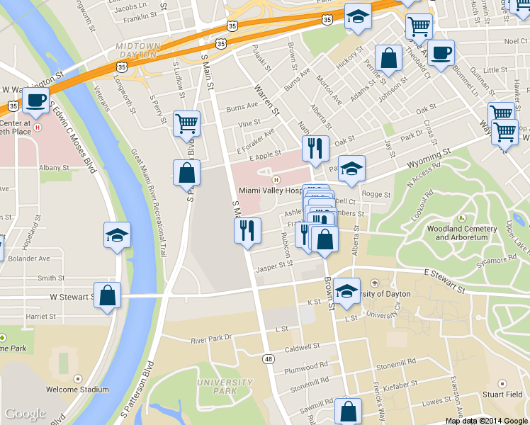 map of restaurants, bars, coffee shops, grocery stores, and more near 40 Wyoming Street in Dayton