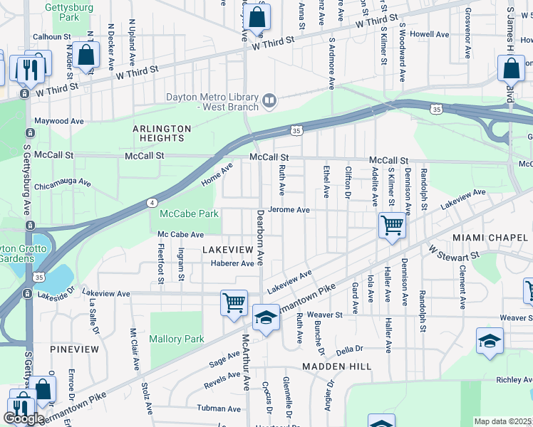 map of restaurants, bars, coffee shops, grocery stores, and more near 502 Dearborn Avenue in Dayton