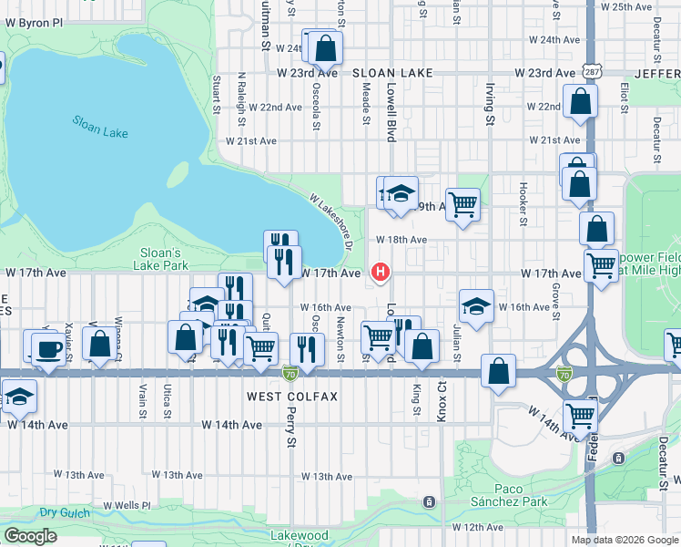 map of restaurants, bars, coffee shops, grocery stores, and more near 1704 Newton Street in Denver