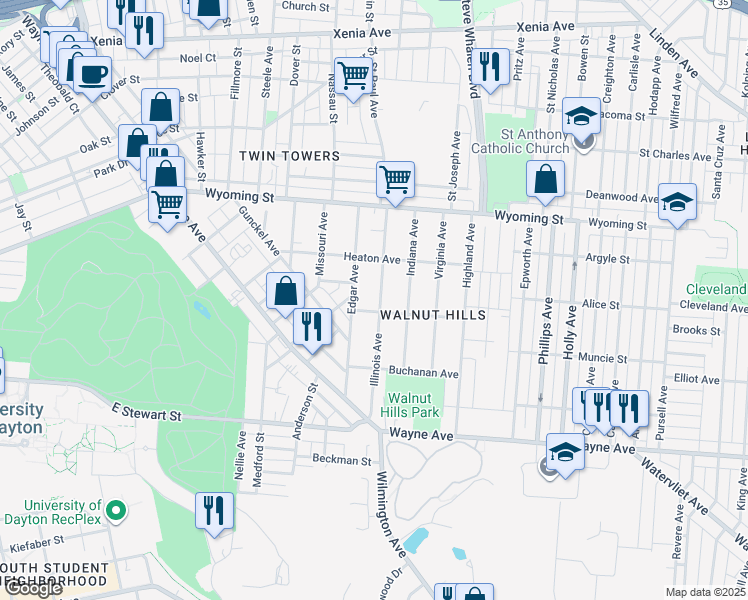 map of restaurants, bars, coffee shops, grocery stores, and more near 157 Illinois Avenue in Dayton