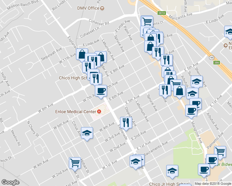 map of restaurants, bars, coffee shops, grocery stores, and more near 1601 Oleander Avenue in Chico