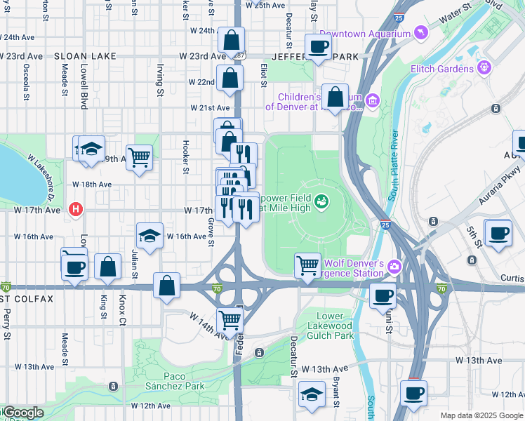 map of restaurants, bars, coffee shops, grocery stores, and more near 2106 West Dick Connor Avenue in Denver