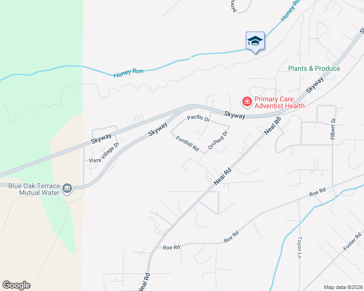 map of restaurants, bars, coffee shops, grocery stores, and more near 206 Foothill Road in Paradise