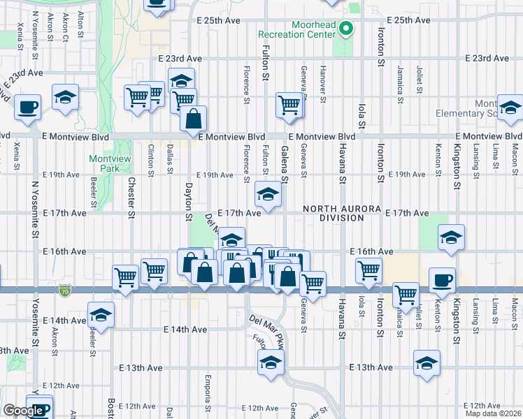 map of restaurants, bars, coffee shops, grocery stores, and more near 1701 Fulton Street in Aurora