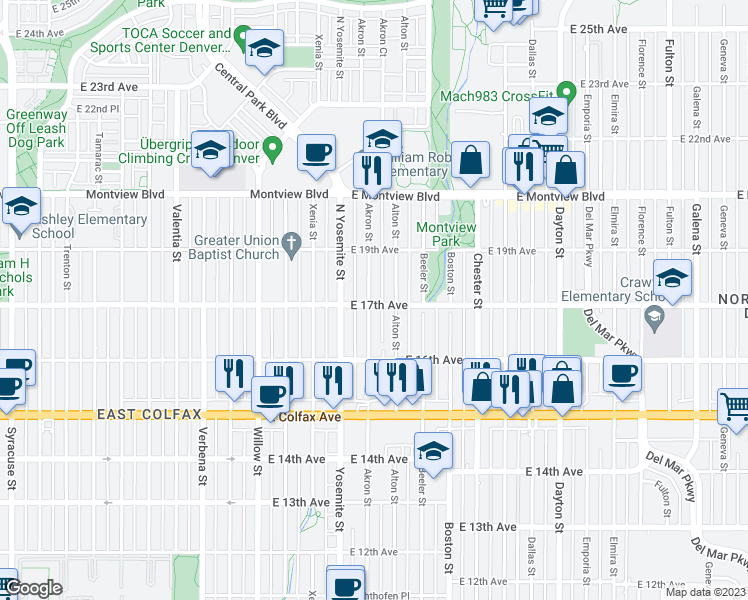 map of restaurants, bars, coffee shops, grocery stores, and more near 1700 Akron Street in Aurora
