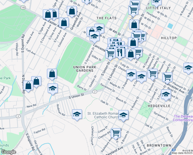map of restaurants, bars, coffee shops, grocery stores, and more near 432 Geddes Street in Wilmington