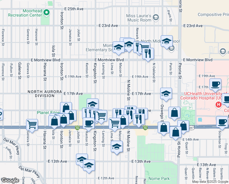 map of restaurants, bars, coffee shops, grocery stores, and more near 1700 Lima Street in Aurora