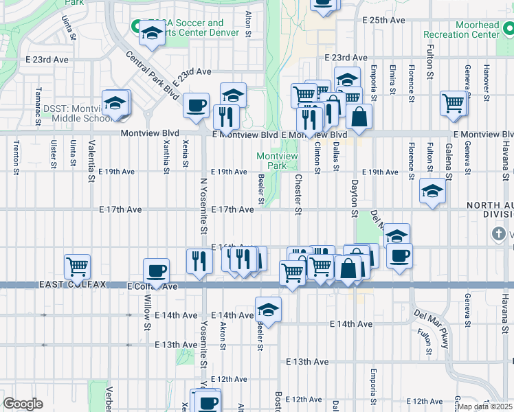 map of restaurants, bars, coffee shops, grocery stores, and more near 9191 East 17th Avenue in Aurora