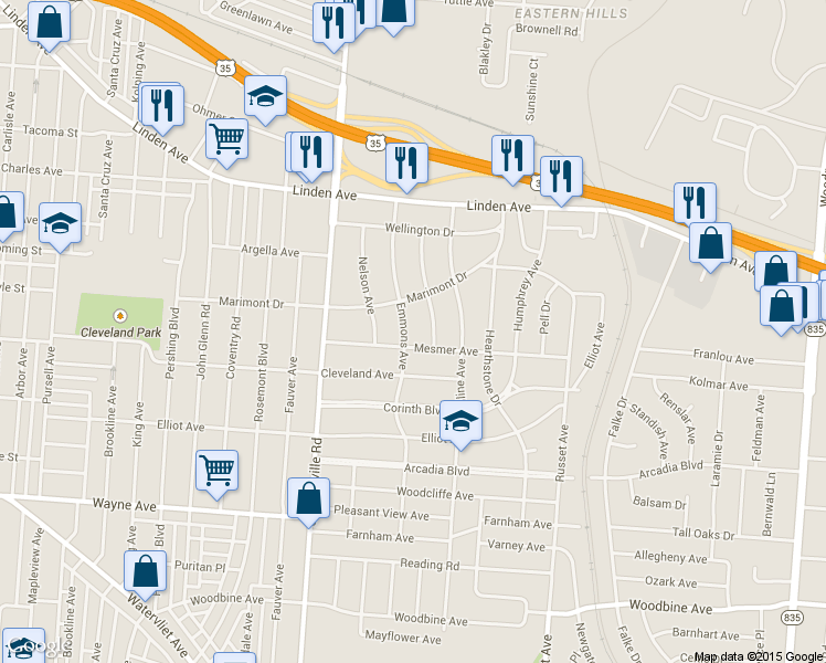 map of restaurants, bars, coffee shops, grocery stores, and more near 1632 Emmons Avenue in Dayton