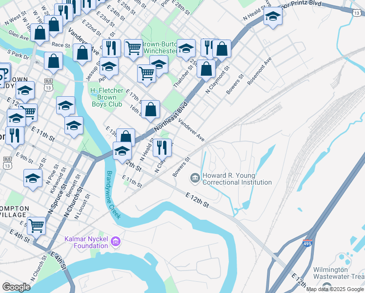 map of restaurants, bars, coffee shops, grocery stores, and more near 1201 East 15th Street in Wilmington