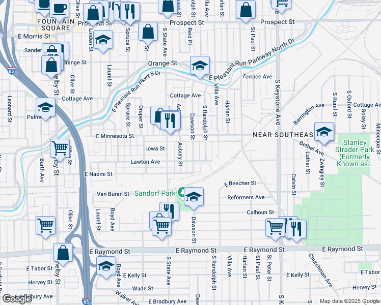 map of restaurants, bars, coffee shops, grocery stores, and more near 1740 Dawson Street in Indianapolis