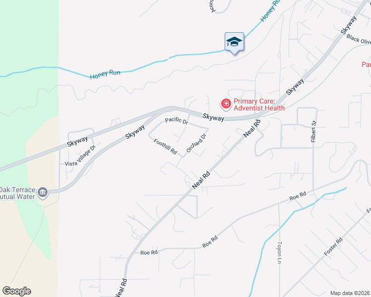 map of restaurants, bars, coffee shops, grocery stores, and more near 5345 Orchard Drive in Paradise