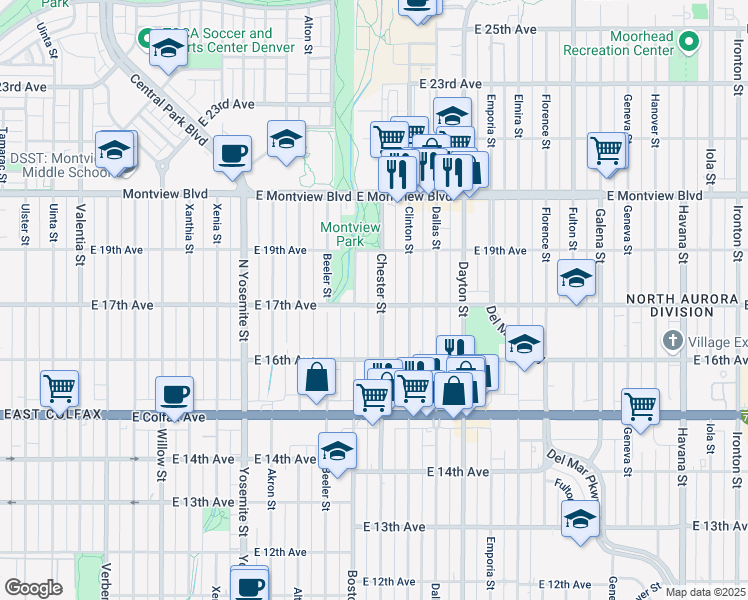 map of restaurants, bars, coffee shops, grocery stores, and more near 9375 East 17th Avenue in Aurora