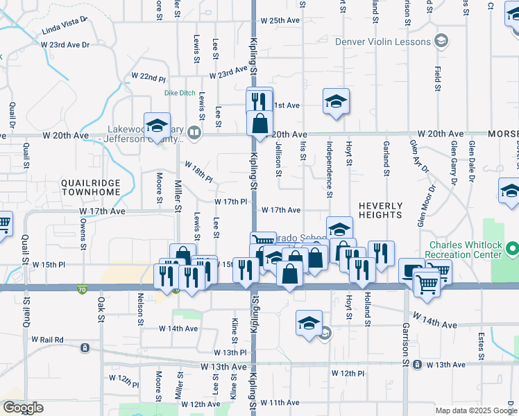 map of restaurants, bars, coffee shops, grocery stores, and more near in Lakewood