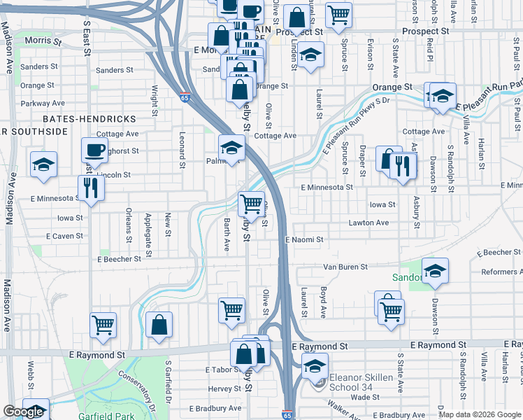 map of restaurants, bars, coffee shops, grocery stores, and more near 1746 Olive Street in Indianapolis