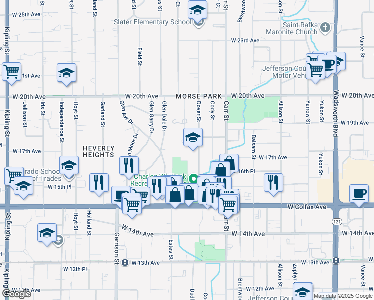 map of restaurants, bars, coffee shops, grocery stores, and more near 1755 Dover Street in Lakewood