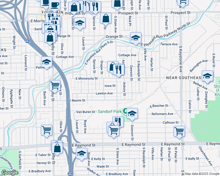 map of restaurants, bars, coffee shops, grocery stores, and more near 1629 Iowa Street in Indianapolis