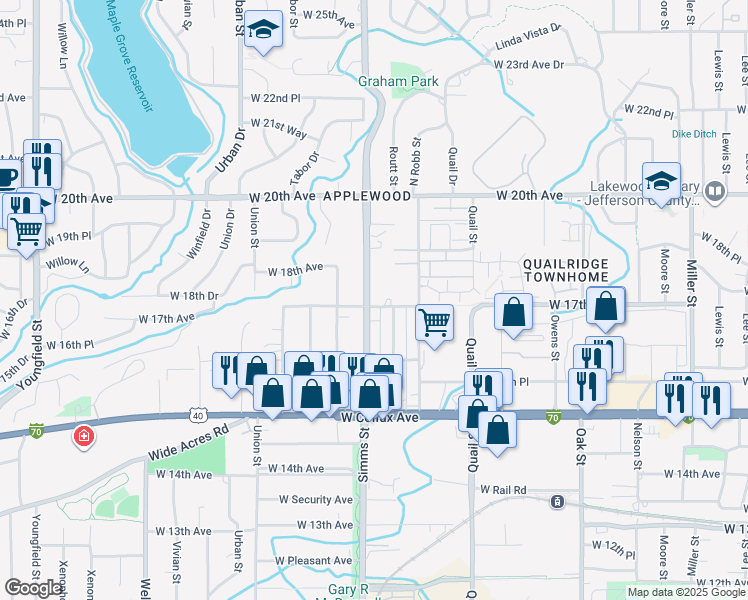 map of restaurants, bars, coffee shops, grocery stores, and more near 1750 Simms Street in Lakewood