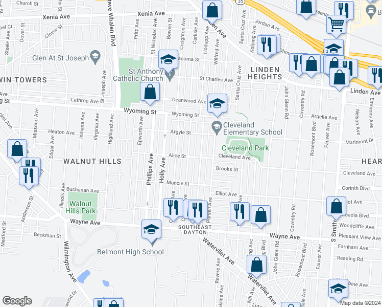 map of restaurants, bars, coffee shops, grocery stores, and more near 1146 Carlisle Avenue in Dayton