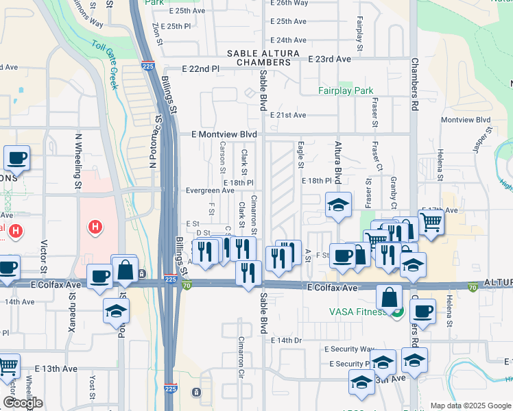 map of restaurants, bars, coffee shops, grocery stores, and more near 1726 Cimarron Street in Aurora