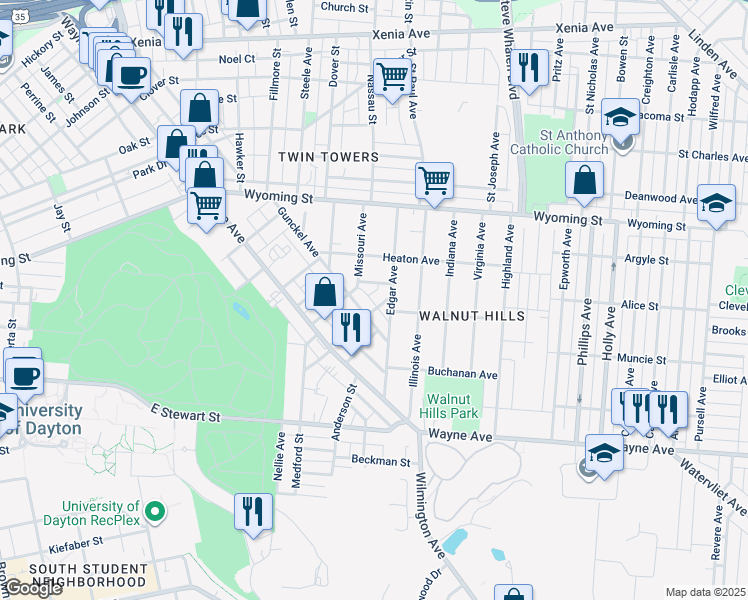 map of restaurants, bars, coffee shops, grocery stores, and more near 217 Volkenand Ave in Dayton